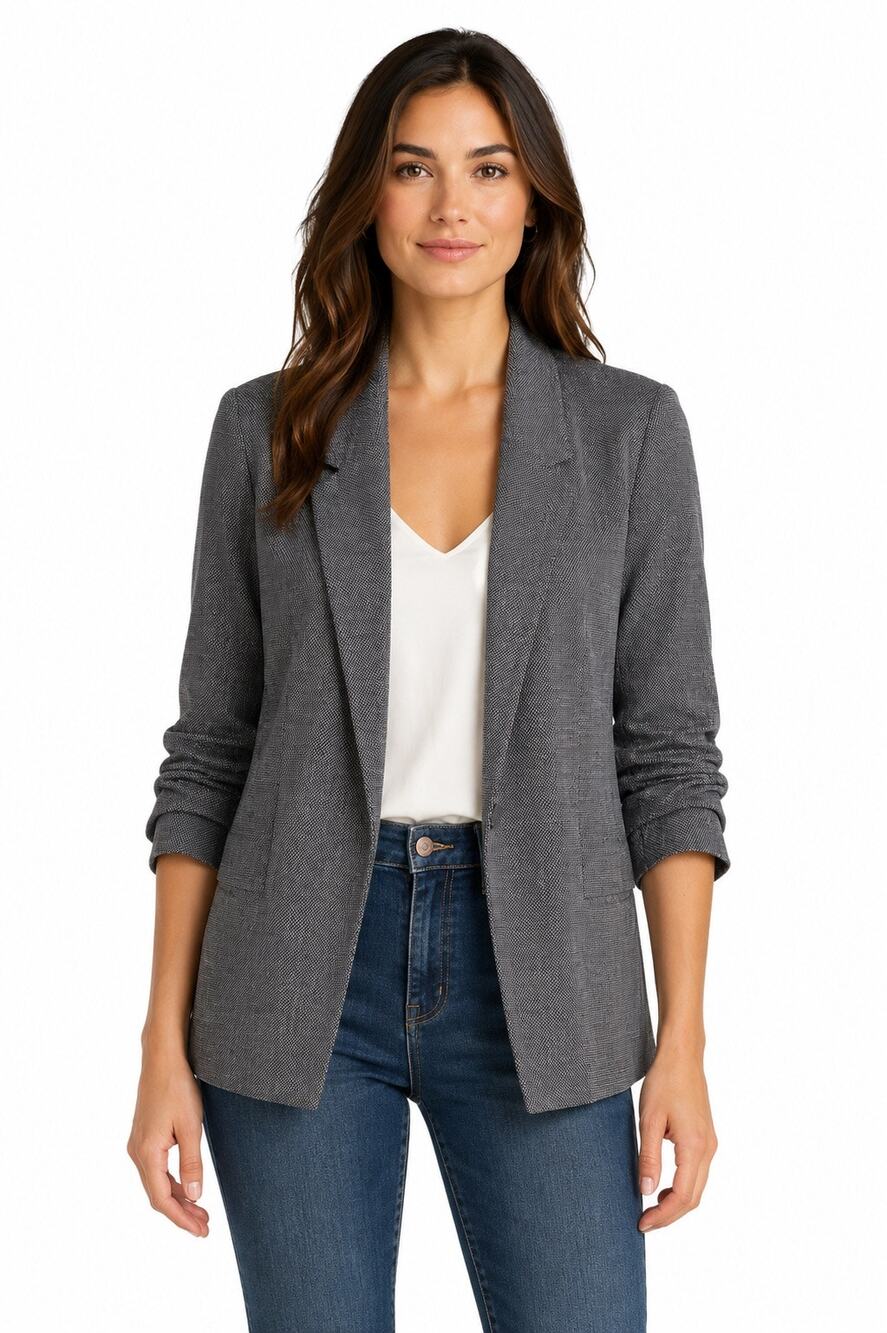 Skies Are Blue Open Front Ruched Sleeve Blazer Navy White Textured XL NWT